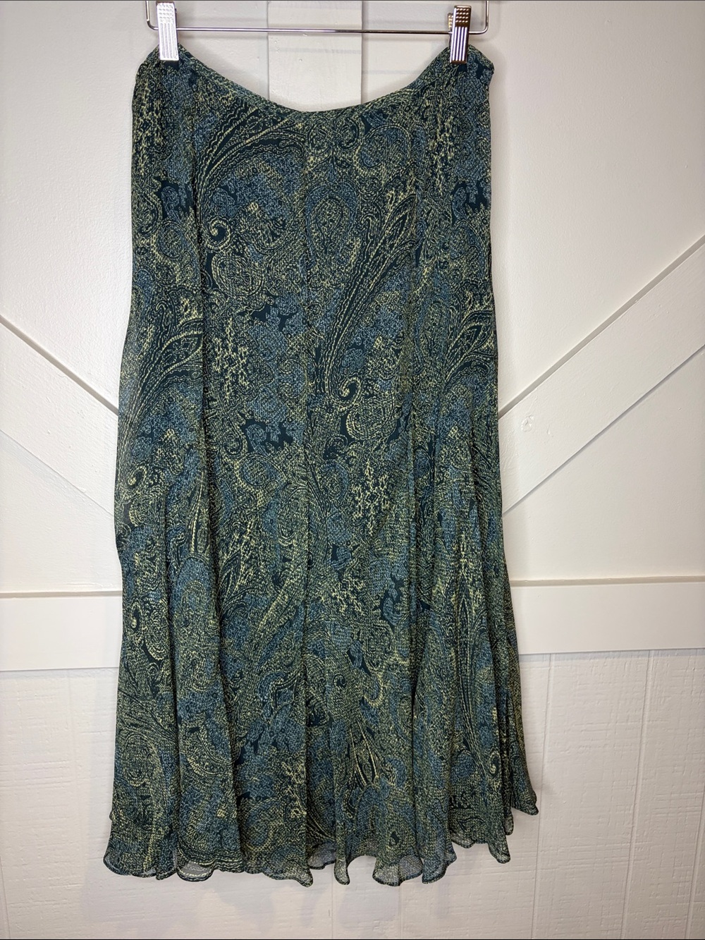 Jones New York 100% Silk Paisley Maxi Skirt Size 12 Blue Green Boho Flowy Lined - Picture 2 of 13